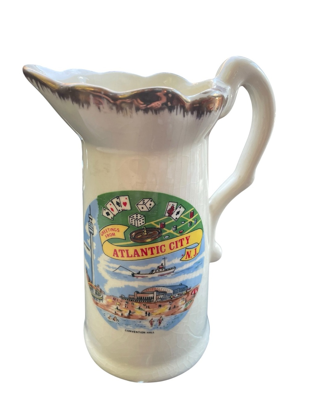 Vintage Atlantic City NJ Souvenir Pitcher Casino Dice Cards Gold Trim Fluted Rim